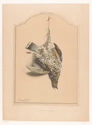 Död halsbandshöns hängande på ett ben La gélinotte (hona) (titel på objekt) Jägarens museum (serietitel) Musée du chasseur (serietitel på föremål)
