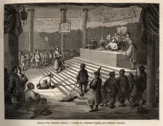 En kinesisk domstol, den anklagade uppträder vid domstolen omgiven av en gendarm som håller honom kedjad och hans slaktare, teckning av Vaumort (? -1886), för att illustrera resan från Shanghai till Moskva, från 1859 till 1862, av M. de Bourboulon. , frans