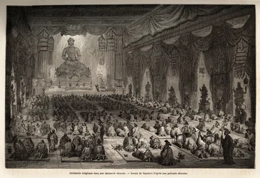 Religiös ceremoni i ett kinesiskt lamasserie, teckning av Vaumort (? -1886), för att illustrera resan från Shanghai till Moskva, från 1859 till 1862, för M. de Bourboulon, fransk minister i Kina. Gravyr i "" Le tour du monde"", redigerad av Edouard Charton