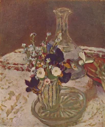 Bukett av penséer, förgätmigej och tusenskönor ca 1900, c1900, 1946