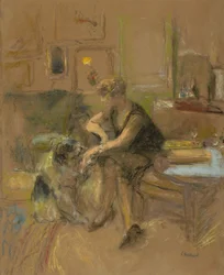 Gabrielle Jonas leker med en hund, 1927
