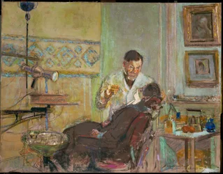 Doktor Georges Viau i sin tandläkarmottagning, där han behandlar Annette Roussel (olja på duk)