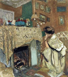 Madame Hessel (Lucy Hessell) vid den öppna spisen - Målning av Vuillard, Edouard (1868-1940)