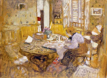 Madame Vuillard läser i matsalen, rue Truffaut; Läser Madame Vuillard i rummet? Eating, rue Truffant, 1903