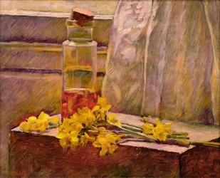 Stilleben av blommor med en burk på ett bord