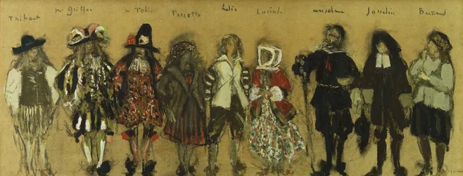 Studie för kostymer för nio skådespelare i "La Coupe Enchantee" för Jean de la Fountaine; Costume Studies for the Nine Characters of the Enchanted Cup av Jean de la Fontaine, 1918
