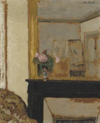 Vas med blommor på en mantel, ca 1900 (olja på kartong)