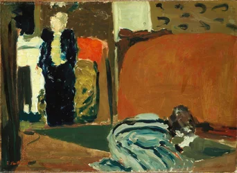 Kvinna tittar under sängen, ca 1895