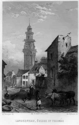 Vy över Landerneau och Saint Thomas Church, Finistere, Bretagne, Frankrike. Gravyr av Willmann i "Ancient and Modern France"" av Jean-Bernard Mary-Lafon (Jean Bernard Mary Lafon)