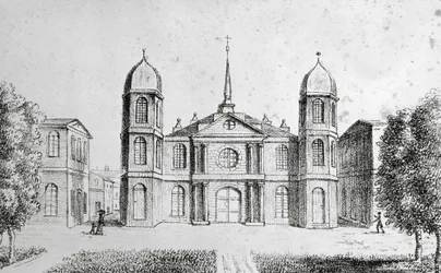 New Orleans kyrka, USA, litografi av Edouard de Montule (1792-1828) från Voyage to America, Italien, Sicilien och Egypten