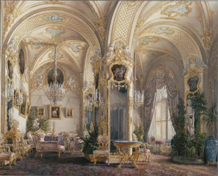 Interiörer av Vinterpalatset. Salongen i rokokostil med amoriner, 1860-talet