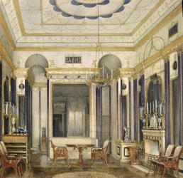 Kejsarinnan Maria Alexandrovnas sal i det stora palatset i Tsarskoye Selo (wc, gouache och bläck på papper)