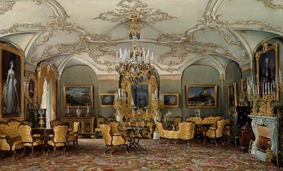 Utsikt över salongen av Alexandra Fyodorovna (Fedorovna eller Feodorovna eller Charlotte av Preussen (1798-1860)), fru till tsar Nicholas I vid Gatchina-palatset. Akvarell tillskriven Eduard (Edouard) Hau (1807-1870) 1800-talets Sankt Petersburg, Hermitage