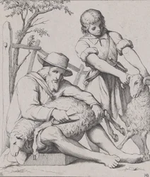 Två män fårklippning, ca. 1842.