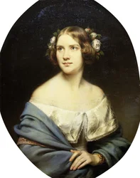 Porträtt av Jenny Lind, stående halvlängd i en vit klänning och en ljusblå sjal,