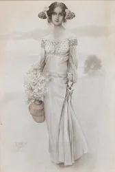 En flicka med en kanna och en bukett blommor, 1914.