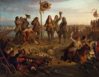 Prins Eugene skickar en budbärare till kejsaren och informerar honom om hans seger …, ca 1860.