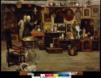 Nyfikenhetsbutiken. Målning av Eduardo Vianella (1800-talet). Olja på duk, 63,2 x 88,7 cm. Italiensk konst från 1800-talet. Regionala A.Deneik Art Gallery, Kursk.