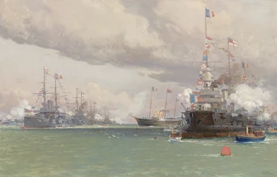 L"Entente Cordiale: The Royal Yacht Victoria & Albert III granskar den anglo-franska flottan i Cowes Road, 1905