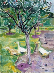 Gäss i en fruktträdgård, ca. 1911