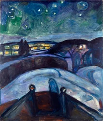 Stjärnenatt. Nattlandskap i Nordeuropa. Målning av Edvard Munch (1863-1944), 1923-1924. Sol. 139x119 cm, Oslo, Kommunes Kunstsamlinger, Munch-Museet (Musée Munch)