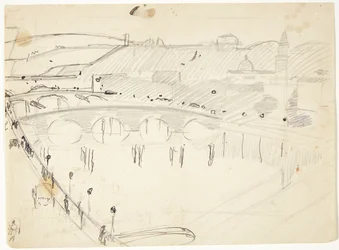 Utsikt från ett fönster vid Lungarno över floden mot Santo Spirito och San Miniato-kullarna, Florens