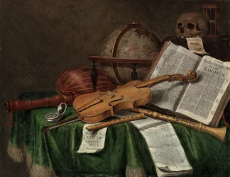 Vanitasstilleben med en astrologisk glob, en violin, en skalle, ett timglas, en öppen bok, ett nothäfte, ett ur, en luta och andra musikinstrument på ett draperat bord, 1680-talet