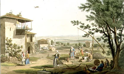Larissa, skylt 29 från del 6 av "Views in Greece", graverad av Frederick Christian Lewis (1779-1856) pub. 1821 (akvatint)
