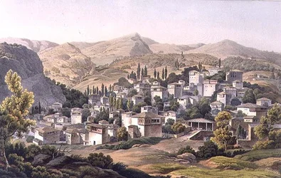 Village of Portaria, skylt 16 från del 3 av "Views in Greece", graverad av J. Bailey