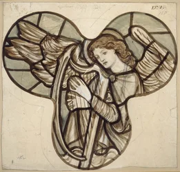 Design för målat glas i Lyndhurst Church: An Angel Harpist, 1862 (brunt och blått tvättar över grafit)