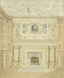 Skorstensstycke, Great Oak Room, Red Lodge (penna och akvarell på papper)