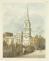 Christ Church från Exchange med platsen rensad från byggnaden av New Council House (penna och akvarell på papper)