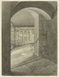 Ingång till Cloisters från Bristol Cathedral med Edward Birds grav (penna och akvarell på papper)