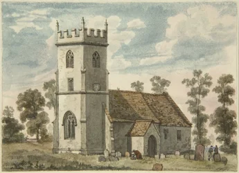 Okänd kyrka, kanske Compton Greenfield, ca 1823 (penna och akvarell på papper)