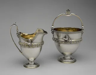 Gräddkanna och sockerkorg, ca. 1865-1869 (förgyllt silver och silver)