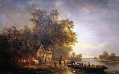Flodlandskap med rustikt och hästar, c1860