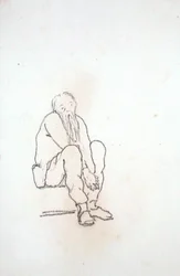 Självporträtt av konstnären, sittande, med händerna mellan knäna, från ett album med teckningar (penna på papper)