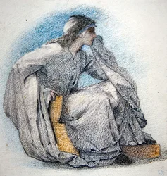 Studie av en klädd, sittande figur, ca 1866 (penna och färgade krita på papper)