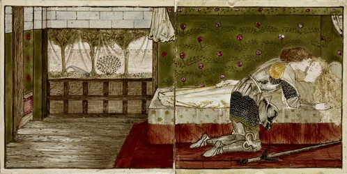 En uppsättning med sexton brickor arrangerade i par för att bilda åtta illustrationer av "Briar Rose", 1862-1865 (keramik)