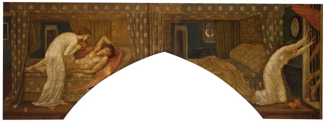 Amor och Psyche - Palace Green Murals - Psyche som håller lampan blickar på ansiktet på sovande Amor och Psyche övergivna, 1881