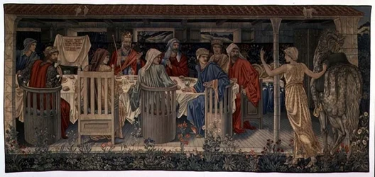 Quest for the Holy Grail Tapestries, Panel 1, Knights of the Round Table kallad to the Quest by the Strange Damsel, 1898-1899