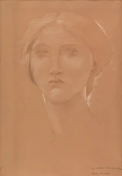 Studie av chefen för Margaret Burne-Jones för "King Cophetua and the Beggar Maid" (krita på papper)
