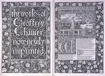 Titelsida och inledande sida från Kelmscott Press-utgåvan av "The Works of Geoffrey Chaucer", 1896