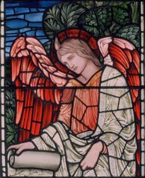 Birmingham, Acocks Green, St Mary the Virgin, Morris & Co., Edward Burne-Jones, John Henry Dearle (1859-1932), Ängel med skriftrulle, detalj, 1895