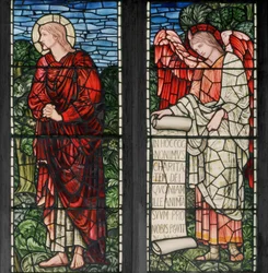 Birmingham, Acocks Green, St Mary the Virgin, Morris & Co., Edward Burne-Jones, John Henry Dearle (1859-1932), Sankt Johannes och ängel med skriftrulle, 1895