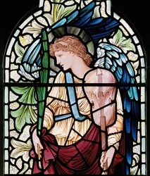 Wilden, All Saints, Morris & Co., Edward Burne-Jones, John Henry Dearle (1859-1932), The Minstrel Angel, Angel Musician, detalj, 1902-1914, Louisa, Alfred, The Baldwins, Premiärminister, Methodist, Wor