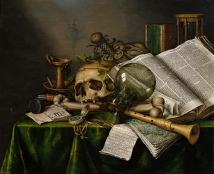 Vanitas. Stilleben med böcker, manuskript och en dödskalle