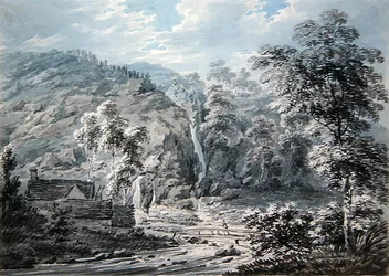 A Waterfall at Corwen, North Wales (akvarell på papper)