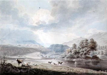 Lake amongst Hills (penna & bläck, akvarell och tvätt på papper)