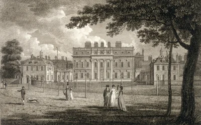 Vy över Buckingham House, graverad av W. Knight, publicerad 1799